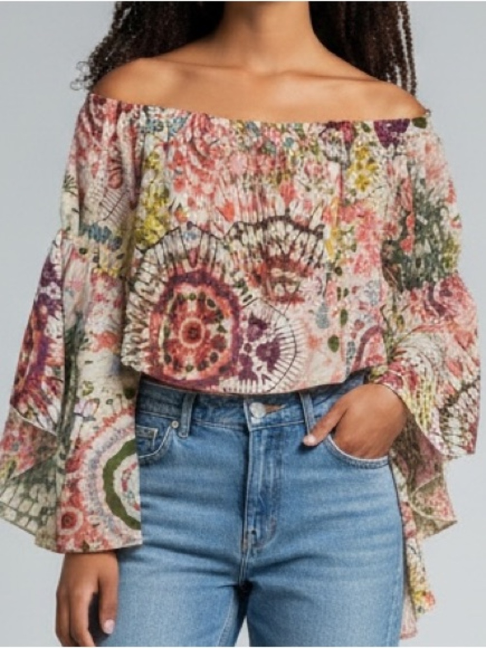 Live 4 Truth Floral Boho Off Shoulder Bell Sleeve Crop Top LARGE